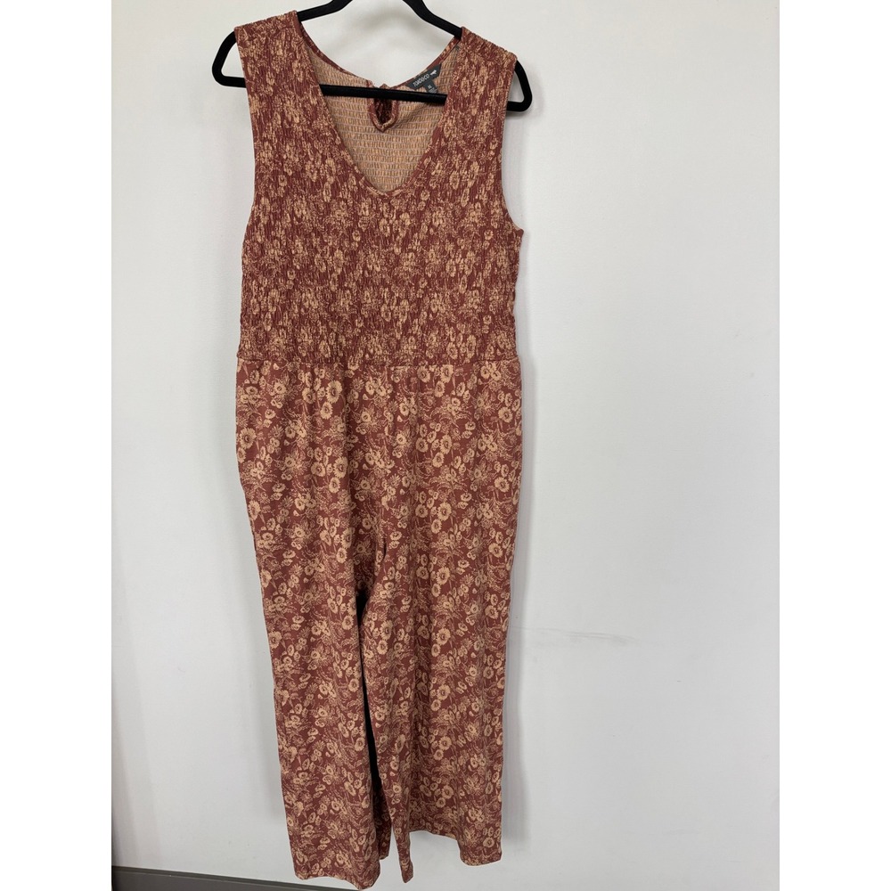 Toad&Co Gemina Rust Floral Smocked V-Neck Wide Leg Jumpsuit with Pockets Size XL